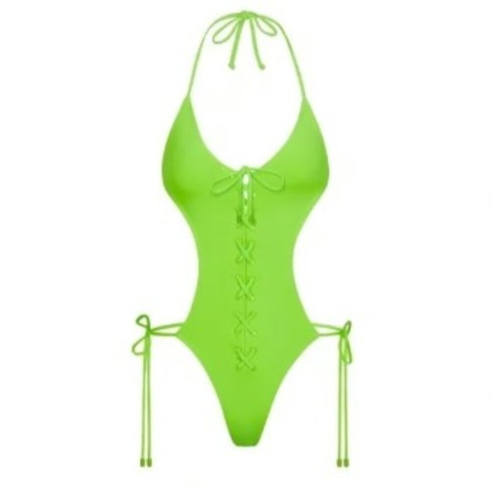 SKIMS Recycled Swim Lace-Up Monokini Neon Green, Size L (NWT)